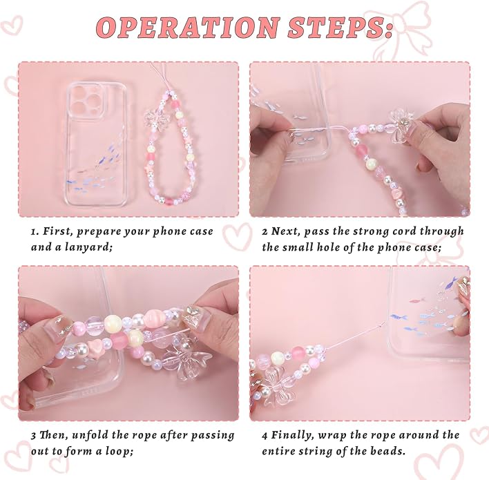 Pink Beaded Phone Wrist Straps, Y2K Phone Case Charms Camera Charm Strap
