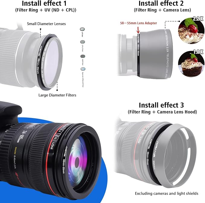58mm Lens to 55mm Camera Lens Adapter, 58mm-55mm Filter Step-Down Ring