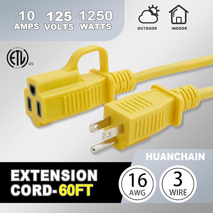 HUANCHAIN Outdoor Extension Cord 60 Foot Waterproof, 16/3 Gauge Flexible Cold-Resistant Appliance Extension Cable Outside, 10A 1250W 16AWG, 3 Prong Electric Cord Yellow, ETL