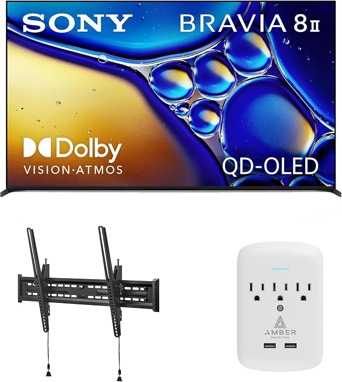 SONY K55XR80M2 55 Inch Bravia 8 QD-OLED 4K HDR Google TV with a Walts TILT-MOUNT-43-90 Large/XL Tilt Mount for 43"-98" TVs and Amber Protection 3-Outlet-Surge Surge Protector (2025)