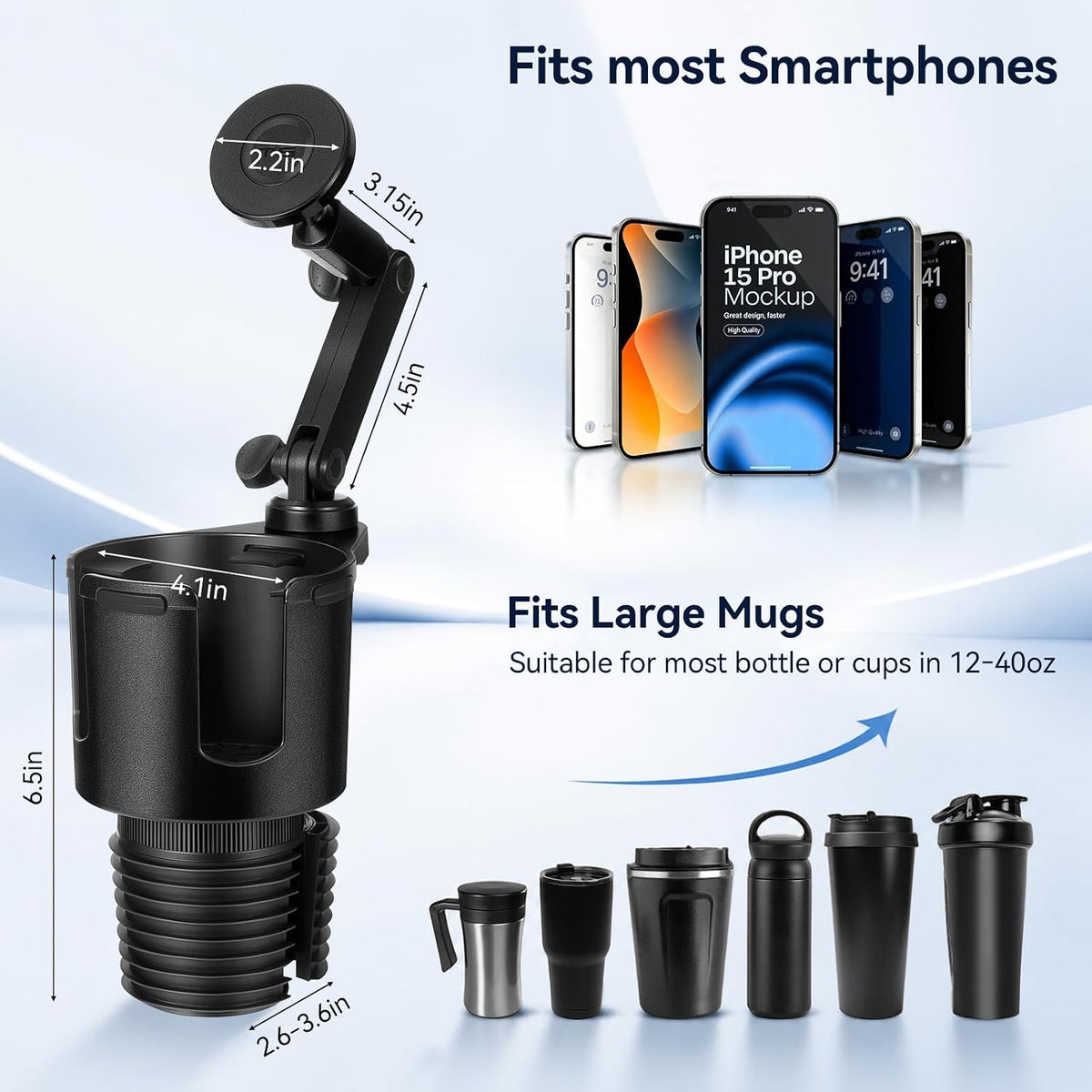 Magnetic Car Cup Holder Phone Holder, 2-In-1 Cup Holder Extender for Car