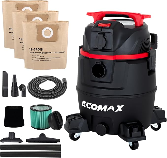 ECOMAX Dust Extractor & Shop Vac 2-in-1, Semi-Automatic Filter Clean, HEPA Filter, 8 Gallon 6.5 HP Wet Dry Vacuum, Anti-Static Hose, Dust-Full Indicator, for Woodworking, Workshop and Garage
