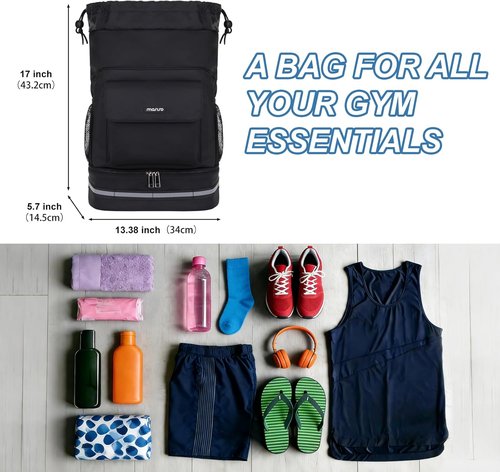 MOSISO Gym Bag - Versatile Drawstring Backpack with Shoe Compartment & Front Pocket - Black
