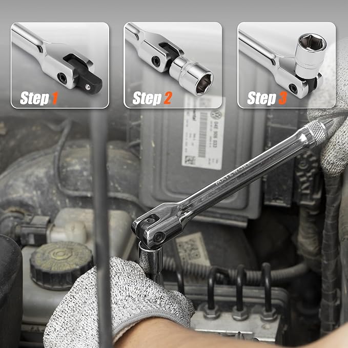 3/8'' Drive Breaker Bar, 10 Inches Long Extension Breaker Bar with 180-Degree Cr-V Flex Head and Engraved Non-slip Handle, Polished Finish, Home Use Socket Wrench