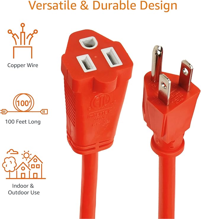 Amazon Basics 100 foot 3-Prong Vinyl Indoor/Outdoor Extension Cord - 10 Amps, 1250 Watts, 125 VAC - Orange