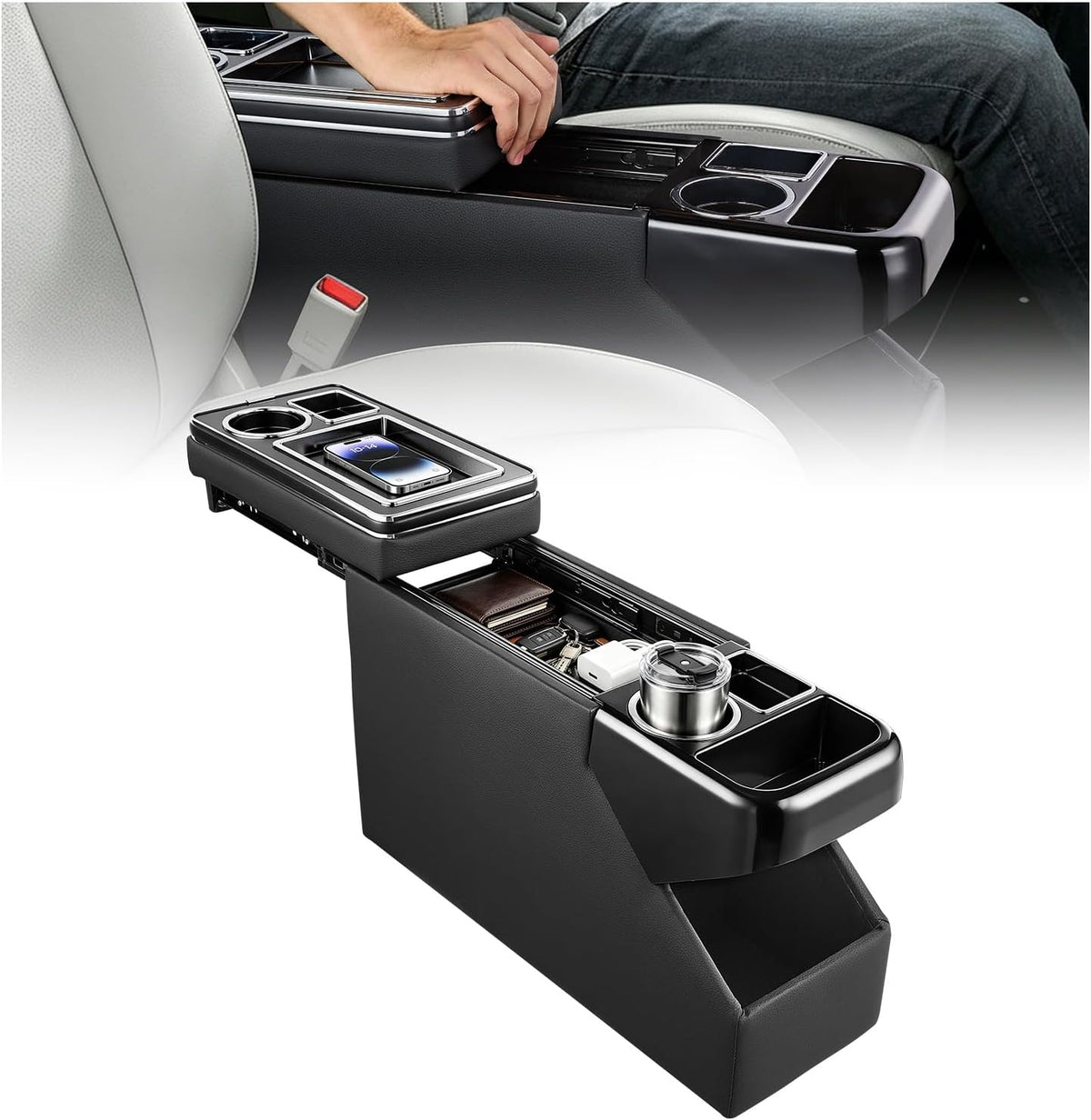 VEVOR Center Console Between Seat Floor Mount Console Storage Box, Central-Console Tools Organizer with Sliding Lid, Cups Holders & Multiple Storage Compartments for Trucks, Minivans, SUVs