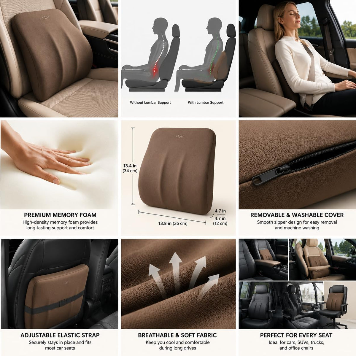 Lumbar Support Pillow for Car, Ergonomic Memory Foam Back Cushion for Driving Comfort, Breathable Lower Back Support for Car Seat, Truck, SUV & Office Chair (Grey)