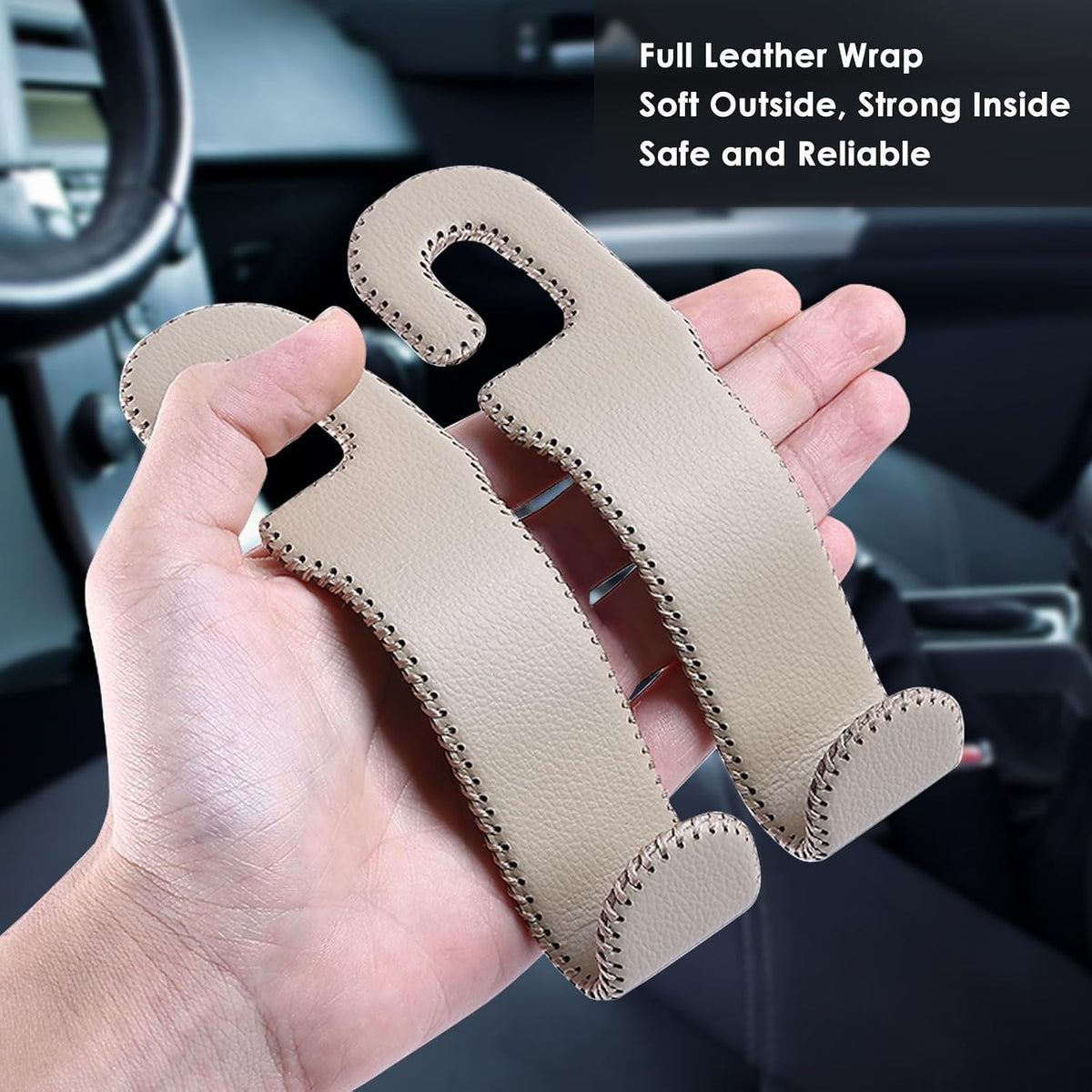 AMVOYOA Leather Car Hooks for Headrest - Fully Leather-Wrapped U-Shaped Purse Holder for Car, Flexible Seat Back Organizer & Durable Car Accessories for Purses, Bags, Coats & More (Beige, 2 Pack)