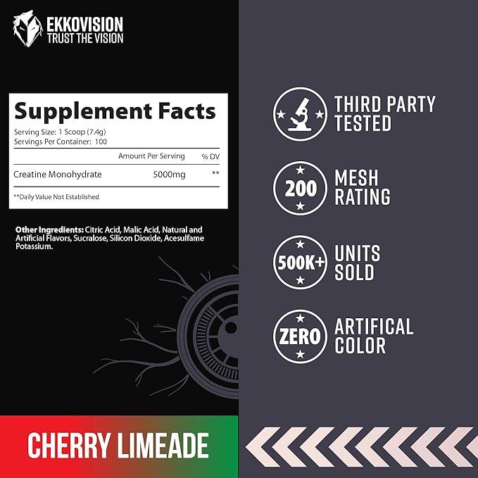 Creatine Monohydrate Powder, Micronized, Cherry Limeade, Pre Workout & Post Workout Supplement for Men & Women, Energy Support, Easy to Mix in Shakes, Smoothies & Beverages, 100 Servings