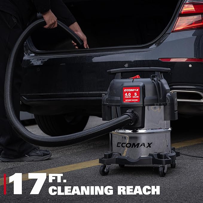 ECOMAX 5 Gallon Ultra Quiet Shop Vacuum Wet and Dry, 4 Peak HP Stainless Steel Shop Vac, Up to 80% Quieter Operation, Durable Long-Life Motor, Portable Vacuum for Garage, Workshop & Jobsite