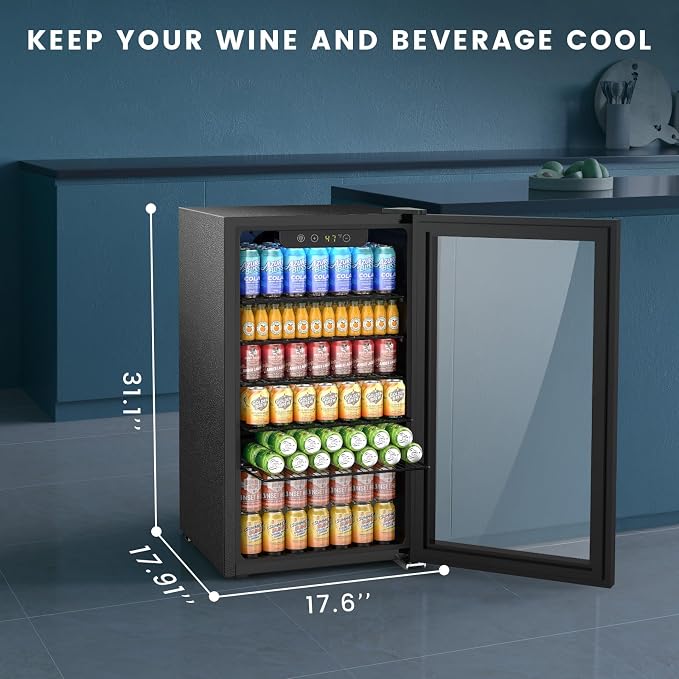 Electactic Mini Fridge 130 Can Beverage Refrigerator Cooler, 3.1 Cu.Ft Drink Fridge for Soda Wine Beer, Adjustable Temperature Control for Home Office, Black