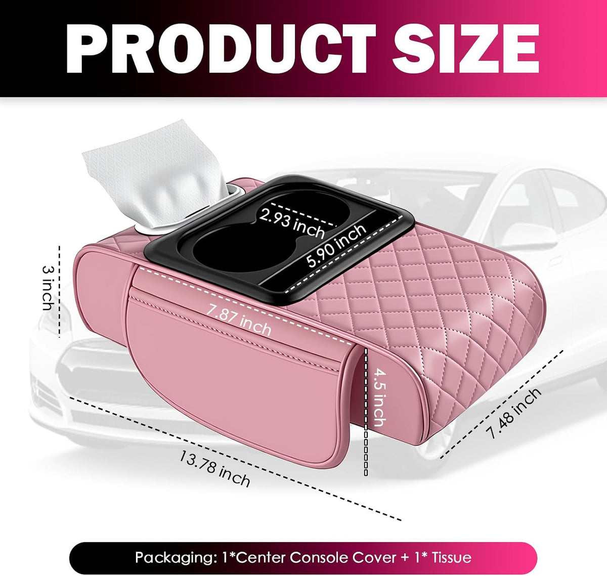 5 in1 Car Armrest Storage Box,Multifunctional Leather Car Armrest Box Pad for Elbow Support,Comfortable Center Console Cover with Cup Holder & Phone Holder & Side Storage Bag (Pink)