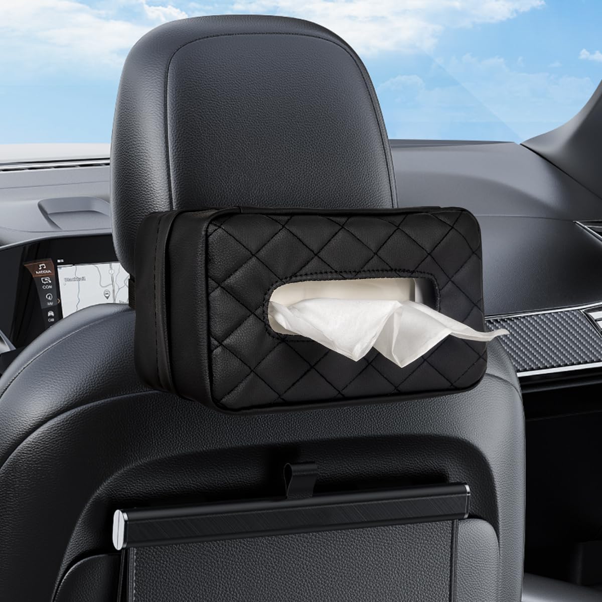 Car Tissue Holder - Standard Pu Leather Napkin Holder for Backseat, Extra Large Organization Fits 120-230 Tissues Per Box, 9.84'' X 4.72'' X 5.91'', Beige