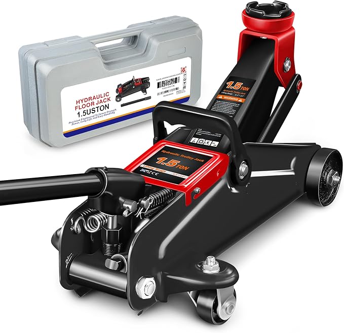 PM PERFORMOTOR Low Profile Hydraulic Trolley Service/Floor Jack, 1.5 Ton (3000 lbs) Capacity, Lifting Range 5.3"-12",Black,PM-TOL-FJ15-BK