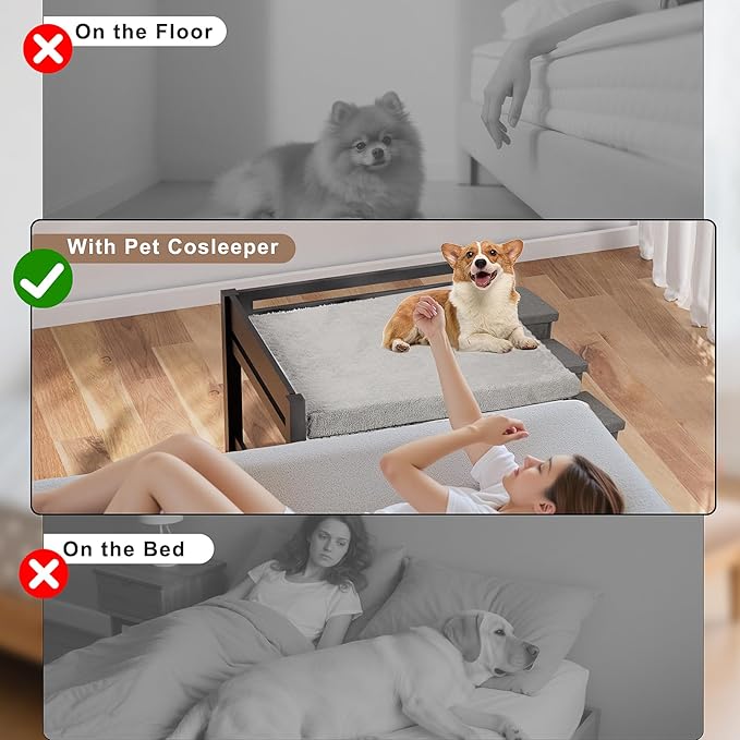 41‘’x27''Bedside Dog Bed with Stairs, Wooden Elevated Dog Bunk Bed Cosleeper with Removable Mattress, Foldable 3-Step Stairs & Guardrail, Bassinet-Style Pet Bed for Large Dogs