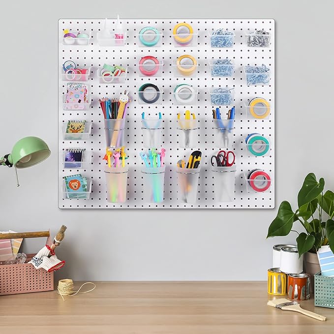Sieral 64 Pieces Pegboard Bins Pegboard Cups with Hooks and Loops Peg Hooks Assortment Organizer Accessory for Organizing Accessories Tools Storage Office Workshop Garage Workbench (Transparent)