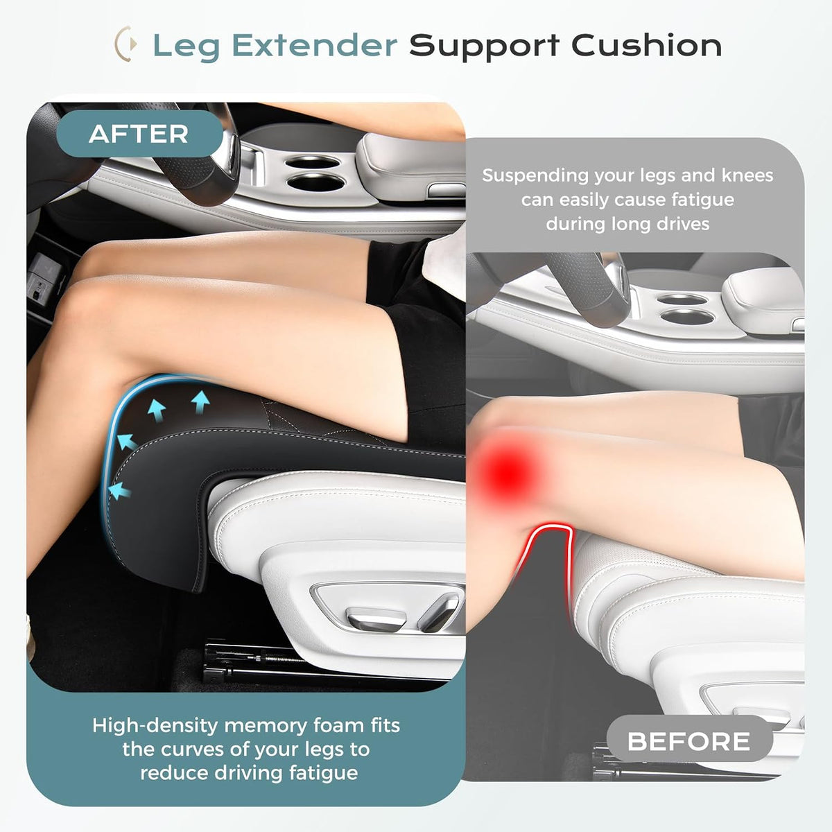 Coverado Car Seat Extender Leg Support, Leather Leg Extender Cushion for Car Seats, Waterproof Car Seat Cushion Universal Fit for Most Vehicles (Black)