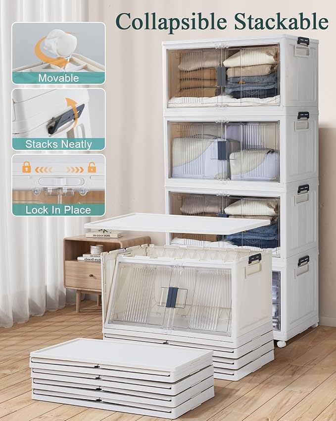 OlarHike 97QT Stackable Storage Bins with Lids - Folding Storage Box with Doors and Wheels, Collapsible Plastic Storage Drawers for Closets and Organization, Garage, Office, Cabinet, 4 Pack Cubes