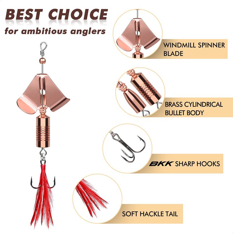 TRUSCEND Well-Made Rooster Tail Buzzbait Fishing Lures with Flash Copper Body and Blade, Spinning Spoons System Fishing Spinners for Jigging, Freshwater Crappie Jigs, Buzz Bait for Bass Trout Walleye