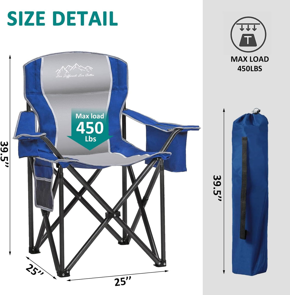 Skiennix Heavy-Duty Camping Chairs - 500lbs Capacity, High Back, Padded, Blue | 2-Pack with Cooler Bag & Cup Holder