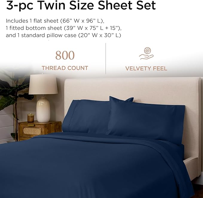 Threadmill Luxury 800 Thread Count Twin 100% Cotton Sheets - Folkstone Blue Sateen Weave Bed-Sheets, Better Than Egyptian Cotton,3 Pc Solid Soft Bedding Set, Fits 15" Deep Pocket
