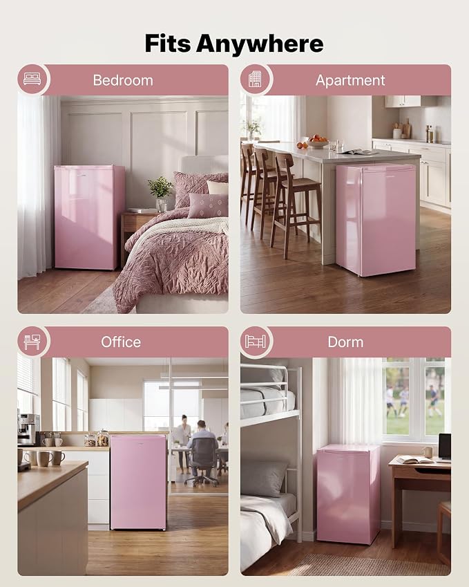 Upstreman 3.2 Cu.Ft Mini Fridge with Freezer, Pink-BR321 | Adjustable Thermostat, Energy Saving, Low Noise, Reversible Door, Small Refrigerator for Dorm, Bedroom, Office