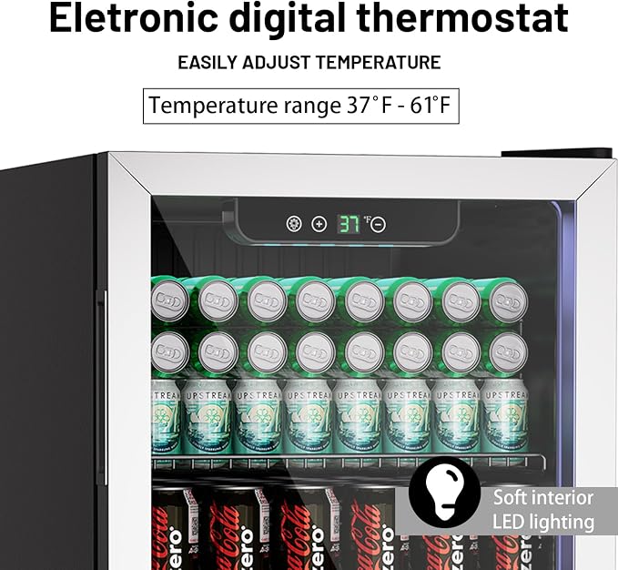 Erivess Mini Fridge 105Can Beverage Refrigerator Cooler Glass Door for Soda | 3.0 Cu Ft Drink Fridge for Home/Bar/Office with LED Display, Digital Temperature Control, Removable Shelves for Wine, Silver