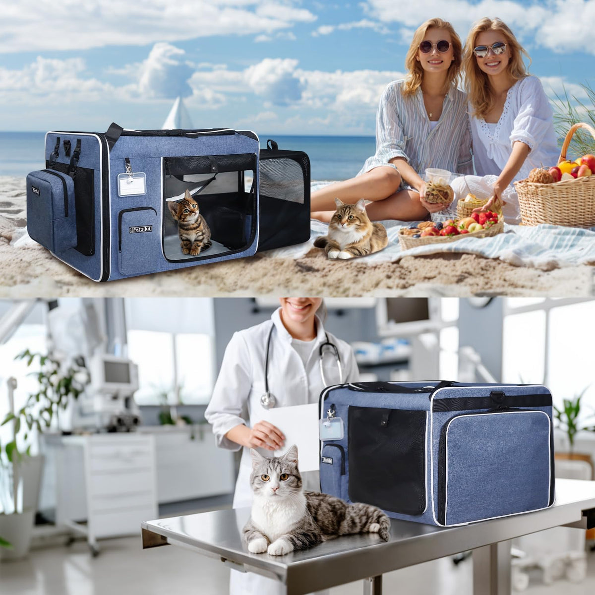 Petskd Side Expandable Extra Large Cat Carrier with Litter Box Area for Long Distance Car Travel,24"x17"x17" Collapsible Soft-Sided Large Pet Carrier with Zipper Locks for 2 Cats Under 55LBS(Blue)