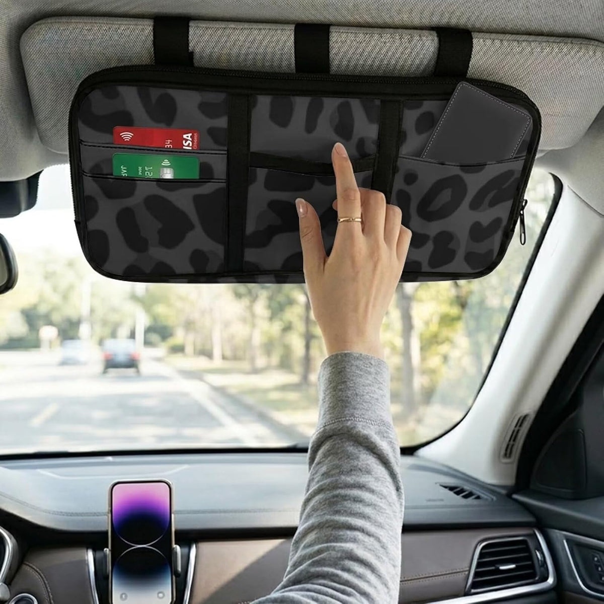Flashideas Black Leopard Print Car Sun Visor Organizer with Large Zipper Pocket Car Sun Visor Storage Bag Cars Interior Accessories Fashion Install Fits Universal Size for Cars Trucks SUVs