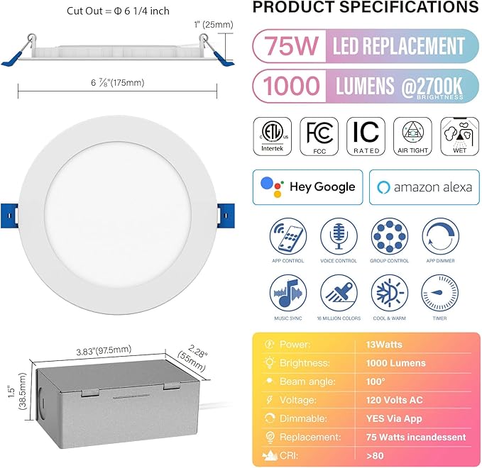 6 Inch LED Smart Slim Recessed Pot Light, WiFi APP & Voice Control, 120V, 13W, 1000LM, RGB + 2700K-6000K, ETL & FCC & IC Rated, Wet Location, Compatible with Alexa/Google Home, White - 1 Pack