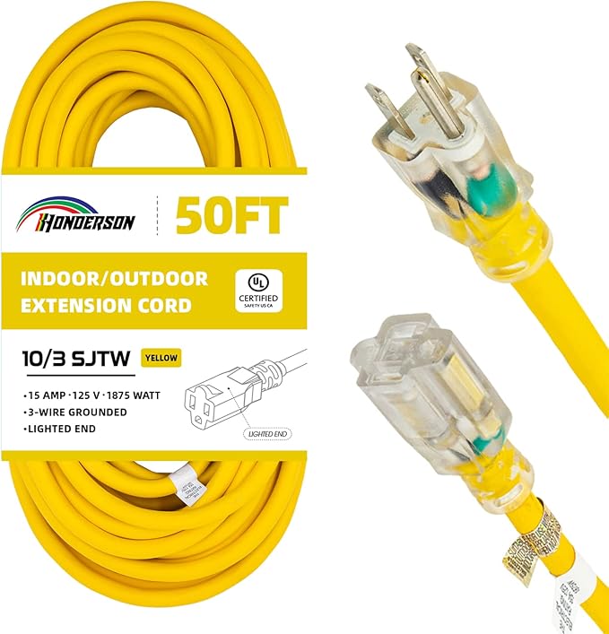 Indoor Outdoor Extension Cord Weatherproof with Lighted End, UL Listed, 10 Gauge 50FT Yellow 3 Prong Heavy Duty, 10/3 SJTW 15A Power Cord for Outdoor Lights, Lawn