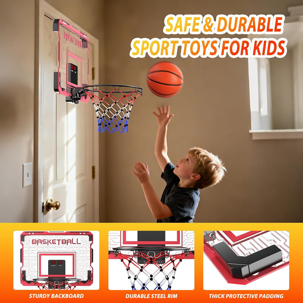 Skiennix Indoor Mini Basketball Hoop - Over The Door with LED Lights & Sound Effects | Includes 3 Balls, Perfect Sports Gift for Kids Ages 6-12