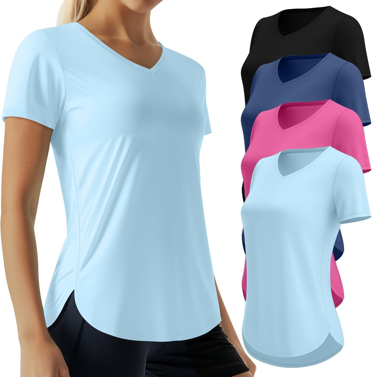 Oakgarden Women's Workout Tops - Quick Dry UPF 50+ V Neck Gym Shirts | 4 Pack, Lightweight with Side Slits