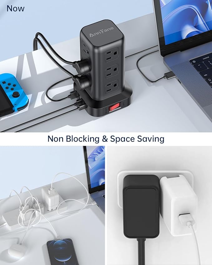 AnnTane Surge Protector Power Strip 10 FT Cord, Power Strip Tower with 4 USB Ports (1USB C), Extension Cord with 12 AC Multiple Outlets, Home Office Supplies Desk Accessories, Dorm Room Essentials