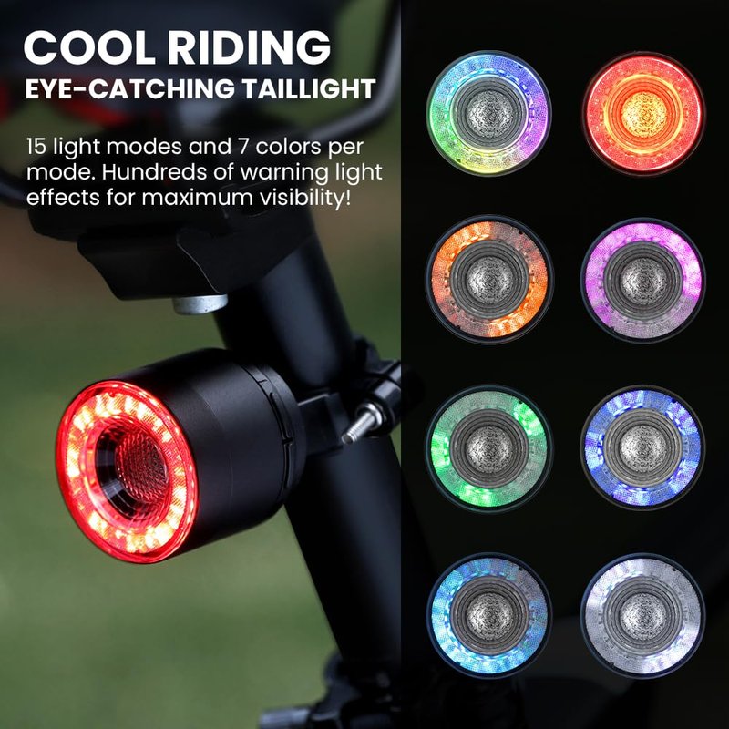 WSDCAM Smart Bike Tail Light with 7 Colors 15 Modes, Auto ON/OFF Colorful Bike Lights for Night Riding, Ultra Bright Brake Light Rechargeable Bicycle Rear Lights, Waterproof Cycling Safety Accessories