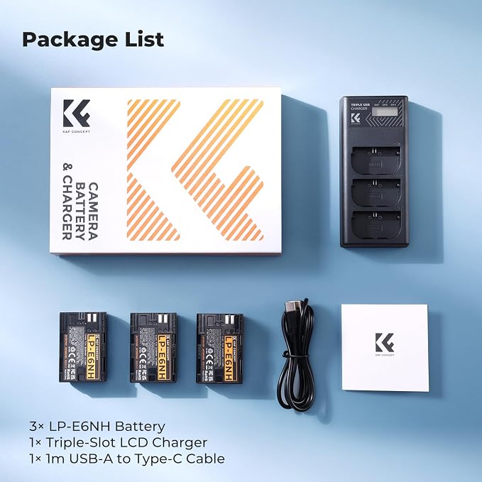 K&F CONCEPT 2600mAh LP-E6NH Battery and 3-Slot Battery Charger Compatible
