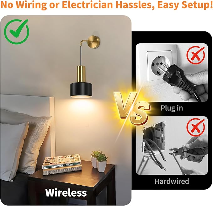 VerRon Set of 2 Battery Operated Wall Sconces, Wireless Wall Lights with Remote, Black & Gold Dimmable Wall Lamps with 3000K/4000K/6000K LED Bulbs, Modern Sconces for Bedroom Living Room Hallway