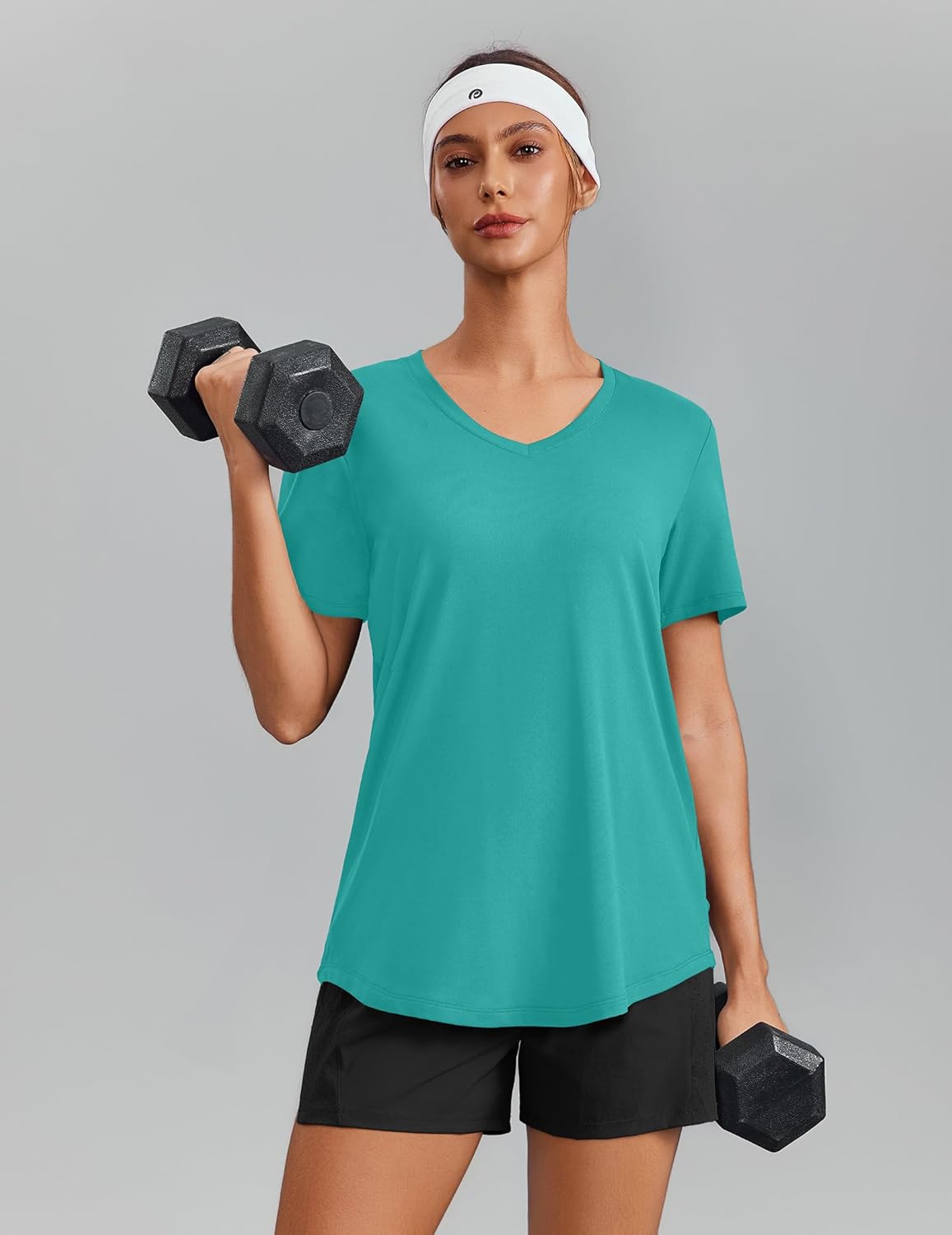 PINSPARK Soft Workout Tops for Women - Short Sleeve V-Neck, Moisture-Wicking, UPF 50+ Sun Protection, Quick Dry Gym Shirts