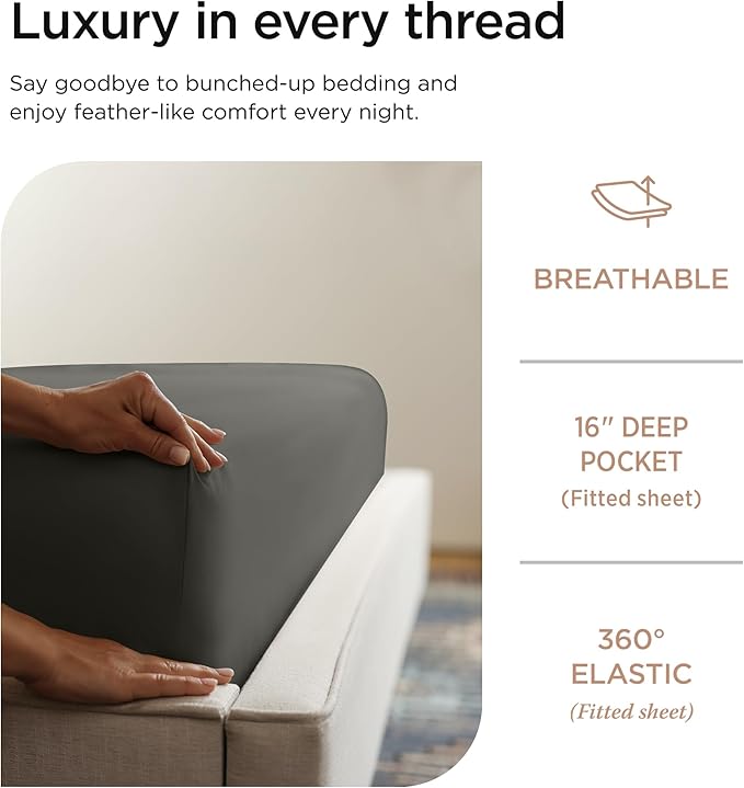 Threadmill Luxury 800 Thread Count King 100% Cotton Sheets - Dark Grey Sateen Weave Bed-Sheets, Better Than Egyptian Cotton,4 Pc Solid Soft Bedding Set, Fits 16" Deep Pocket