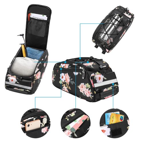 MOSISO Bike Rack Bag, Peony Waterproof Bicycle Trunk Pannier Rear Seat Pouch Cycling Bike Carrier Backseat Storage Luggage Saddle Shoulder Bag, Black