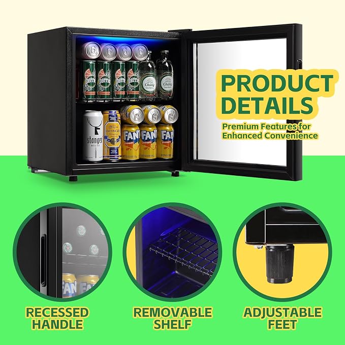 Beverage Refrigerator Cooler 1.6 Cu.Ft 60 Can Mini Small Fridge Black | Large Capacity with Glass Door, LED Light & Adjustable Shelves for Soda Beer Wine, Perfect for Home Bar Office