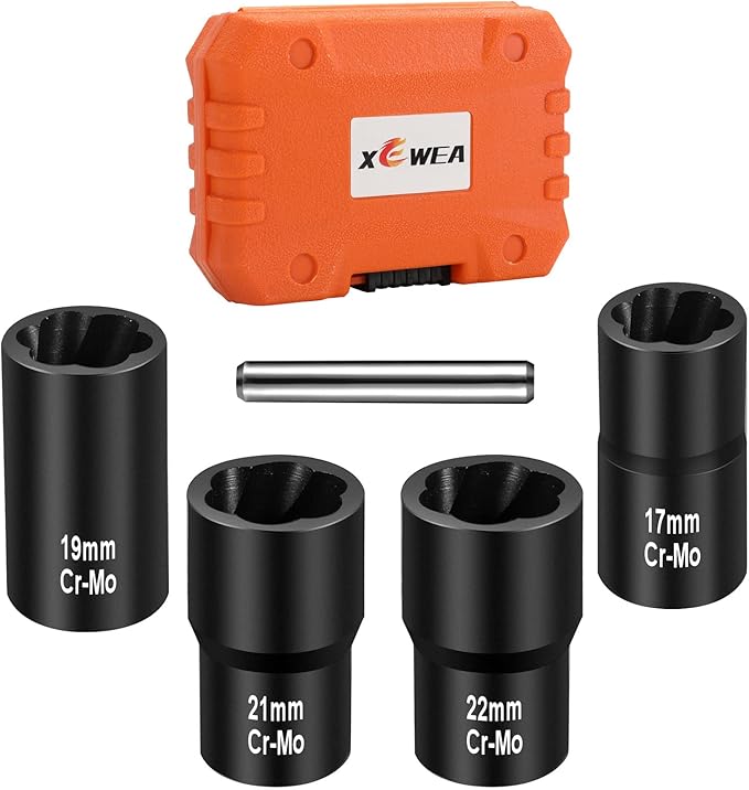 XEWEA Bolt Nut Extractor Set, 5PCS 1/2 Drive Easy Out Broken Wheel Tire Lug Nut Extraction/Remover Socket Set for Damaged, Frozen,Studs, Rounded Stripped Bolts & Nuts Screws