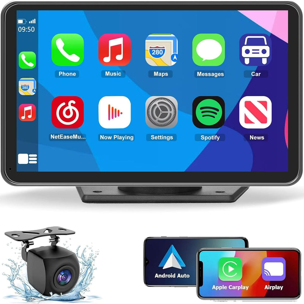 Wireless CarPlay Screen for Car, 7" HD Portable Stereo Touchscreen with Apple CarPlay & Android Auto, CarPlay Screen with Backup Camera, Mirror Link, Bluetooth, Navigation for All Vehicle