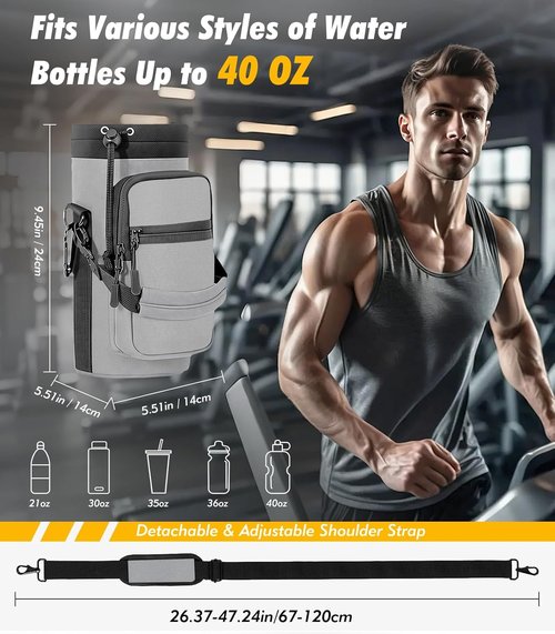Nuovoware Water Bottle Carrier Bag - Adjustable Neoprene Pouch Holder with 2 Pockets | Fits 25oz, 40oz, 64oz Bottles