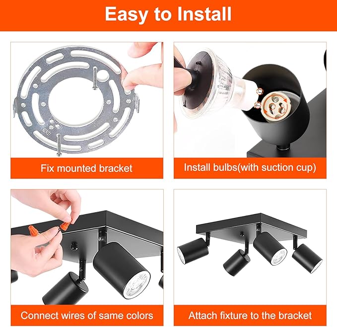 Ceiling Spot Lights Indoor: 4 Lights Led Flush Mount Ceiling Light Fixture GU10 Head Modern Black Adjustable Directional Light for Kitchen Bathroom Bedroom Hallway