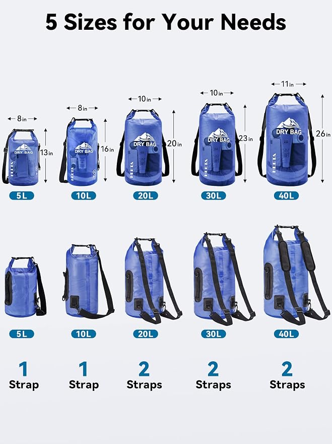 HEETA Dry Bag Waterproof for Women Men, 5L/10L/20L/30L/40L Roll Top Lightweight
