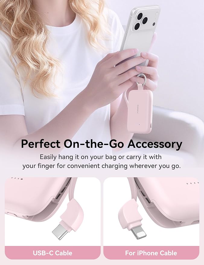 RORRY Portable Charger, 10000mAh PD 30W Fast Charging Portable Charger Power Bank with Built-in Cables, Travel Keychain Charger Battery Pack for iPhone 17/16/15/14/13/12, for AirPods 2/3/4/Pro, Pink