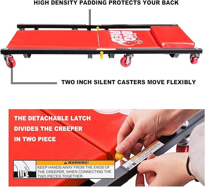 BIG RED 2-Piece Rolling Garage/Shop Creeper: 36" Padded Mechanic Cart with Headrest and 6 Casters, Red