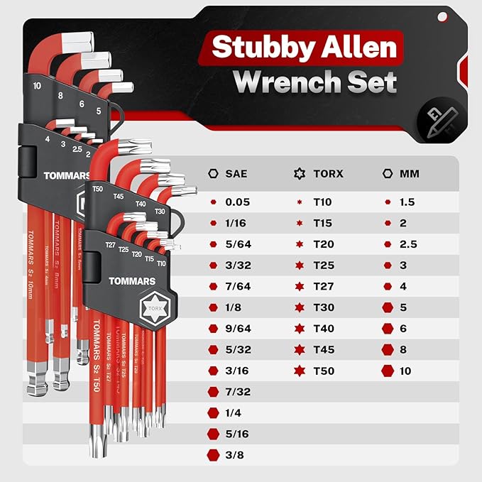 TOMMARS 31-Piece Stubby Allen Wrenches Set Ball End Hex Key Set SAE(0.05"-3/8") Metric(1.5mm-10mm) TORX(T10-T50)