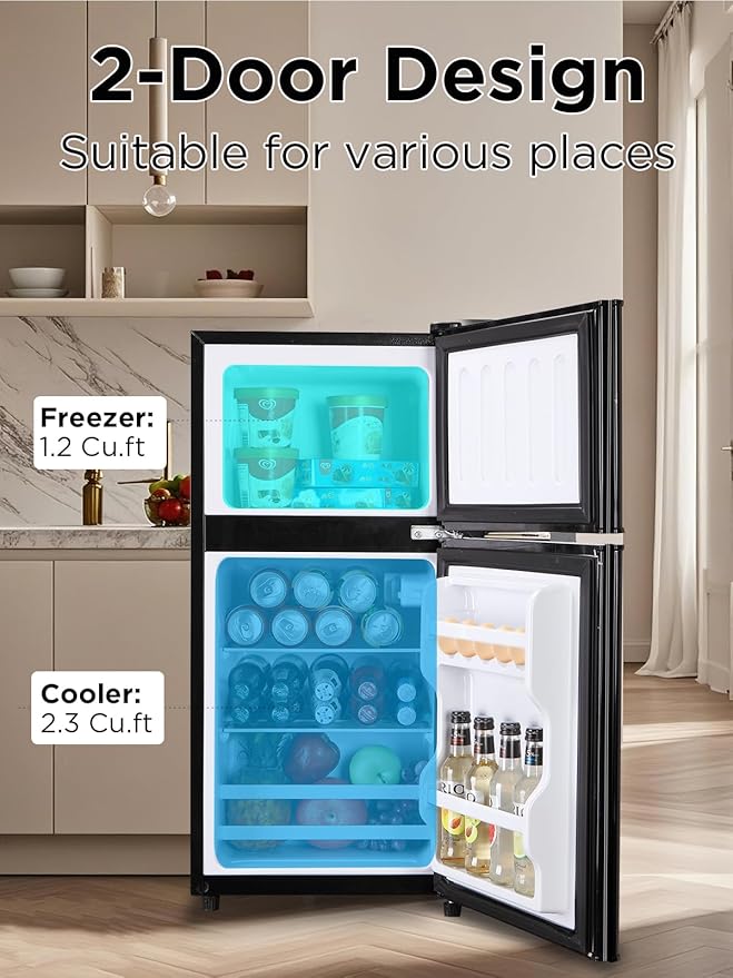 F.W.WOOLWORTHS 3.5 Cu.Ft Refrigerator with Freezer | Compact Fridge with 2 Doors for Office, Kitchen, Dorm and Bedroom, 7 Level Temp Adjustable Thermostat, Black